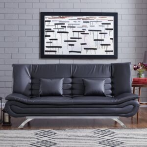 190cm Wide Sofa Bed Black Shell 3 Seater Recliner PU Faux Leather