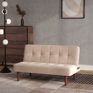 4ft Wide Modern 2 Seater Padded Convertible Sofa Bed with Wooden Legs