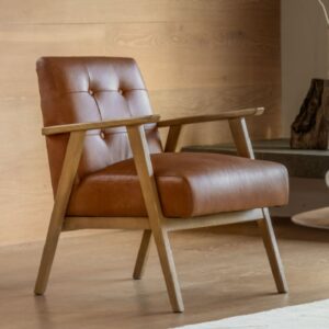 Biloxi Leather Armchair With Wooden Frame In Brown
