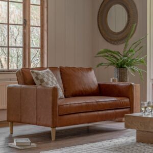 Obento Leather 2 Seater Sofa With Wooden Legs In Vintage Brown