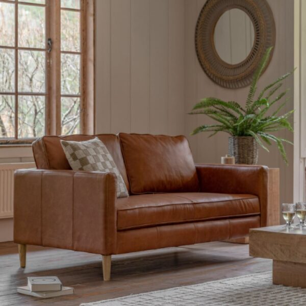 Obento Leather 2 Seater Sofa With Wooden Legs In Vintage Brown