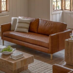 Obento Leather 3 Seater Sofa With Wooden Legs In Vintage Brown