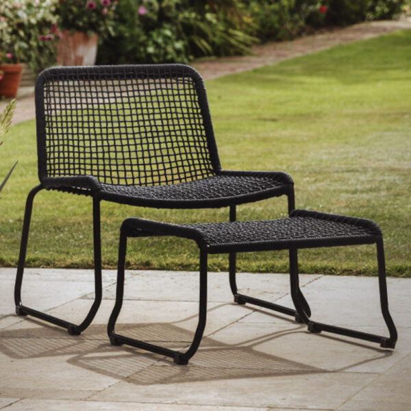 Saskatoon Outdoor Rope Lounge Chair With Footstool In Black