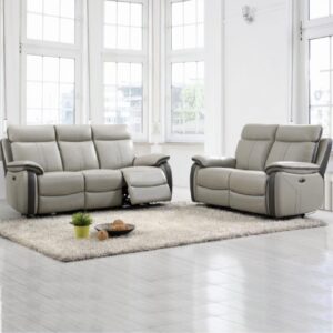 Caguas Leather Recliner 3+2 Seater Sofa Set In Dual Tone Light Grey