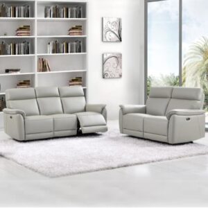 Canton Leather Electric Recliner 3+2 Seater Sofa Set In Light Grey
