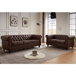 Hertford Faux Leather 3+2 Seater Sofa Set In Antique Brown