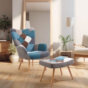 Colour Block Upholstered Wingback Armchair with Footstool