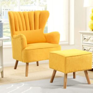 Contemporary Wing Back Armchair and Ottoman Set with Cushion and Footstool
