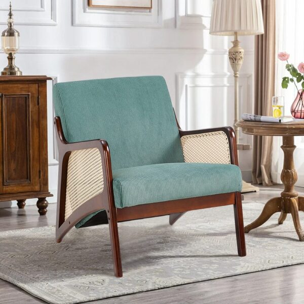 Corduroy Armchair with Rattan Armrest