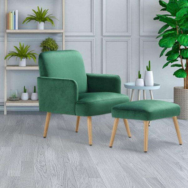 Wooden Legs Velvet Armchair Chair with Footrest