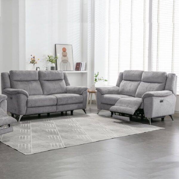 Mankato Fabric Electric Recliner 3+2 Seater Sofa Set In Ash