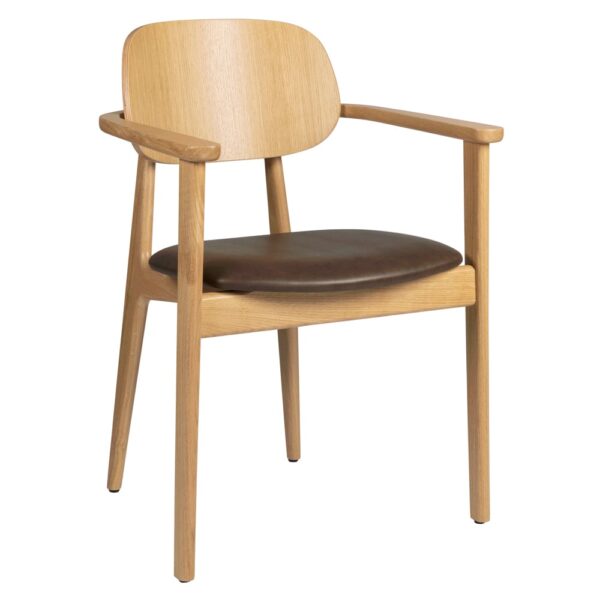 Romney Wooden Armchair With Vintage Brown Leather Seat In Natural