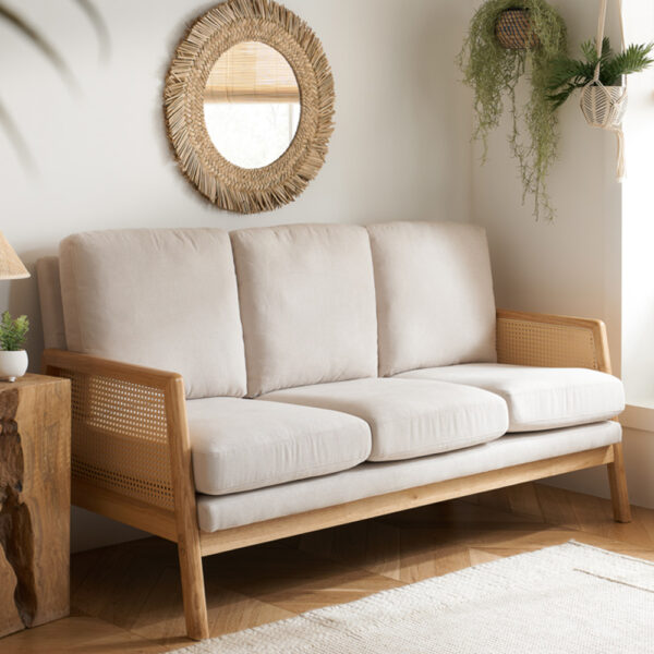 Issaquah Fabric 3 Seater Sofa With Wooden Frame In Grey And Oak