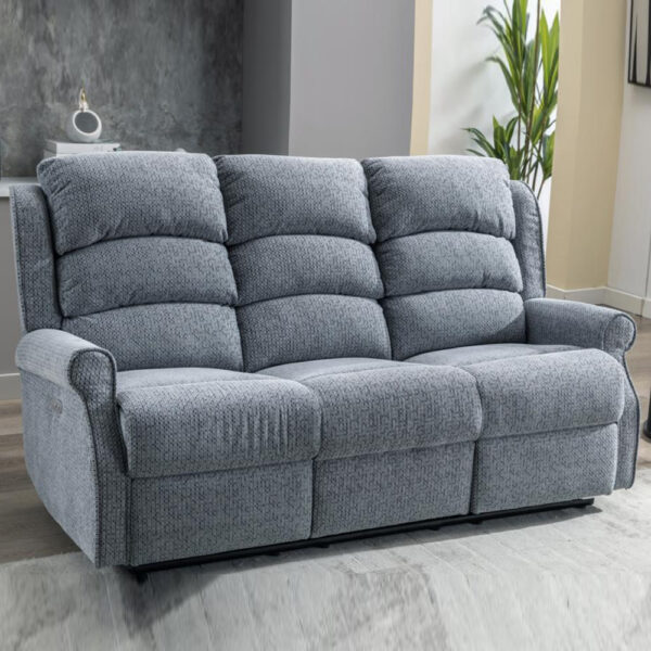 Warth Fabric Electric Recliner 3 Seater Sofa In Steel Blue